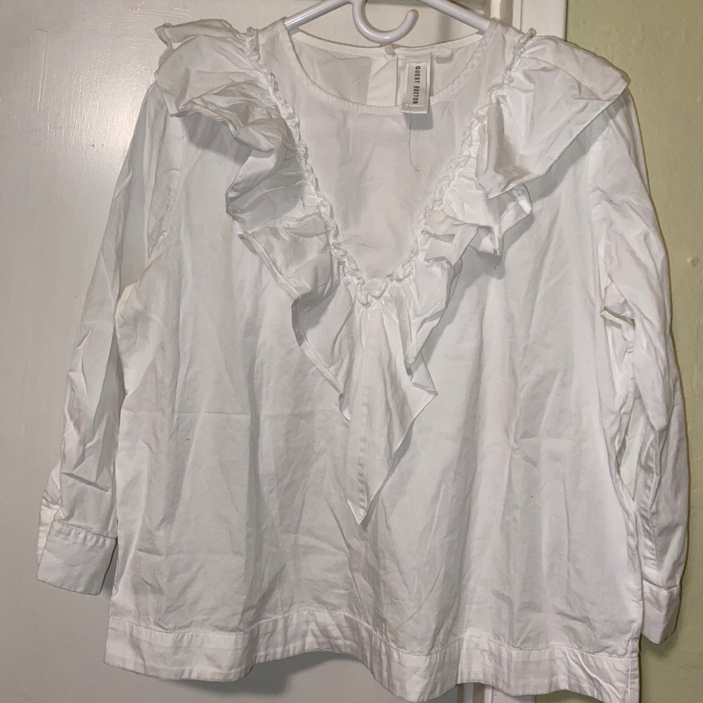 Guest Editor Womens S white Ruffle Blouse Button Back 100% Cotton Cute Office